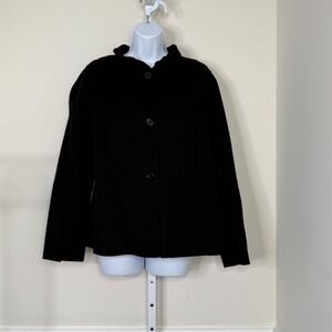 Talbots Jacket Women Size 14 Black Felt Wool Blend Ruffle Neck Button Up Pocketa